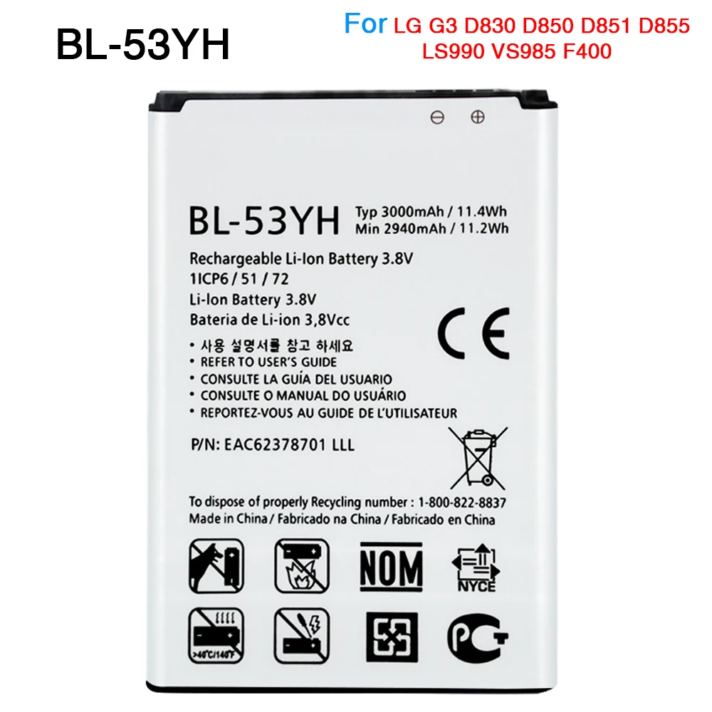 

OHD Original Battery For LG G3 F400 F400K F460 F470 D830 D850 VS985 D850 D851 D852 D855 D857 D858 D859 LS990 BL-53YH