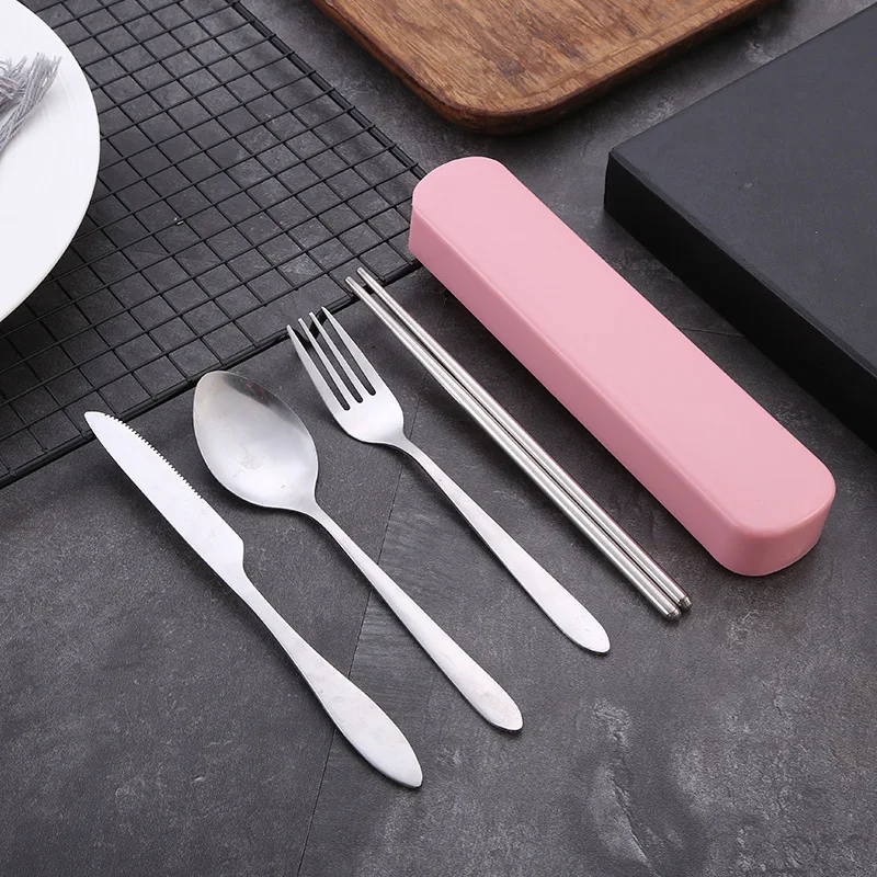 

4Pcs/Set Travel Camping Cutlery Set Portable Tableware Stainless Steel Chopsticks Spoon Fork Steak Knife with Storage Case