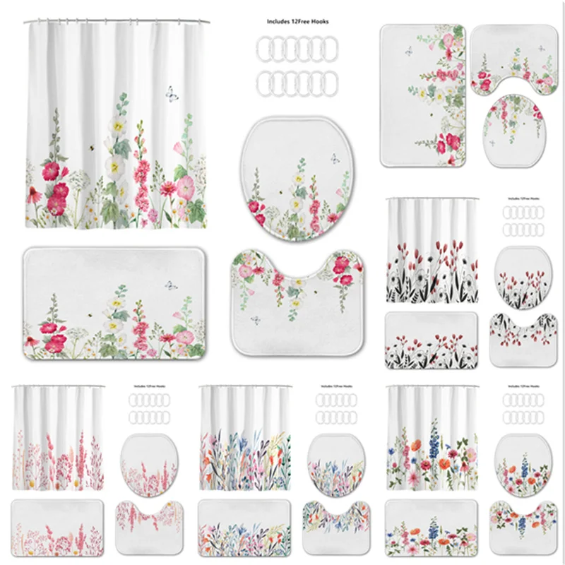 

Flowers and Plants Botanical Print Home Decor Bathroom Toilet Cover Sets Waterproof Shower Curtain Mats Carpet Rugs Suits