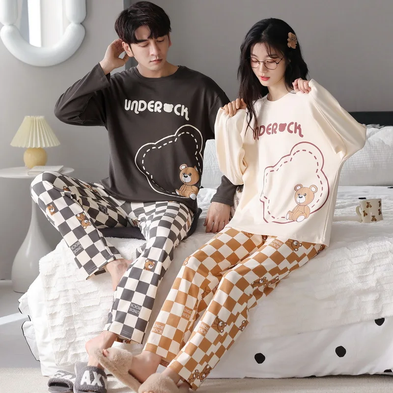 Yasuk Spring Autumn Fashion Women's Casual Soft Cotton Sleepwear Homewear Couple Pajamas Set With Pants Plaid Bear Couple Unisex