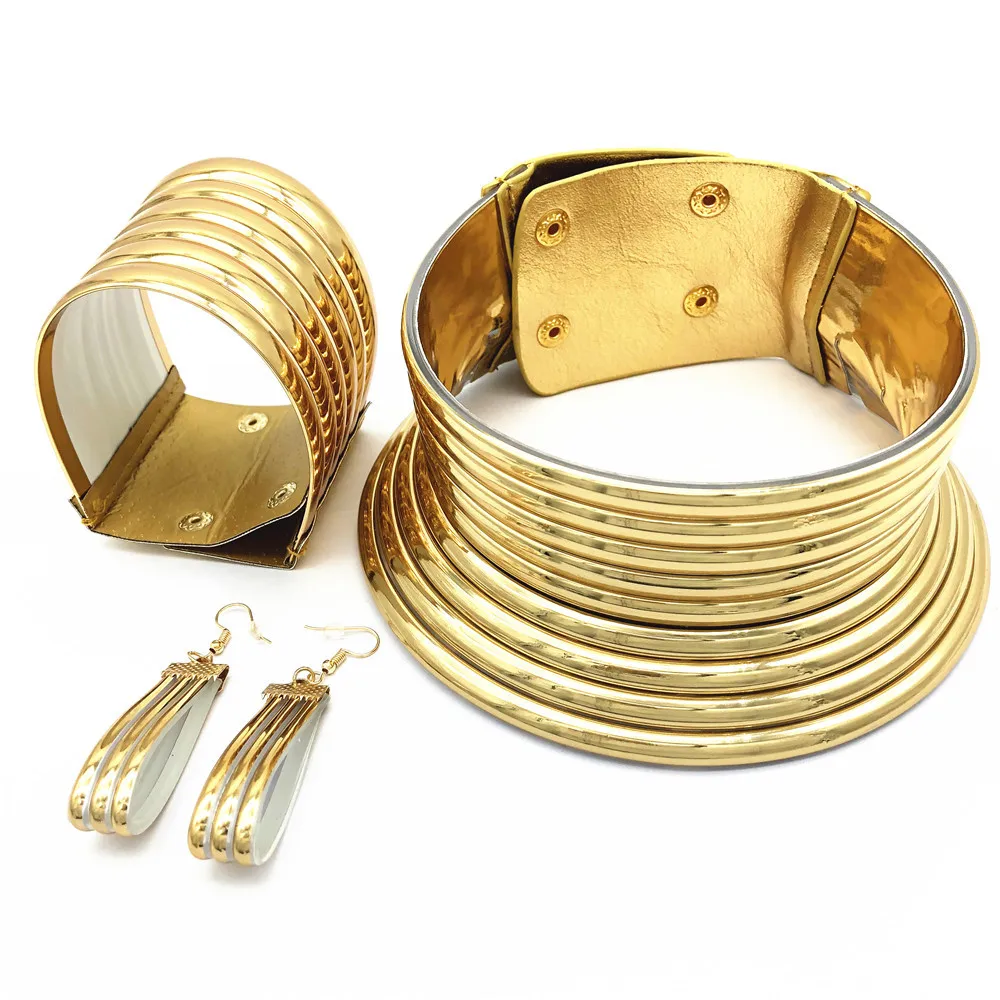 

Liffly African Jewelry Set Bangle Women Adjustable Choker Vintage Leather Necklaces Bracelets Statement Earrings Jewelry Sets