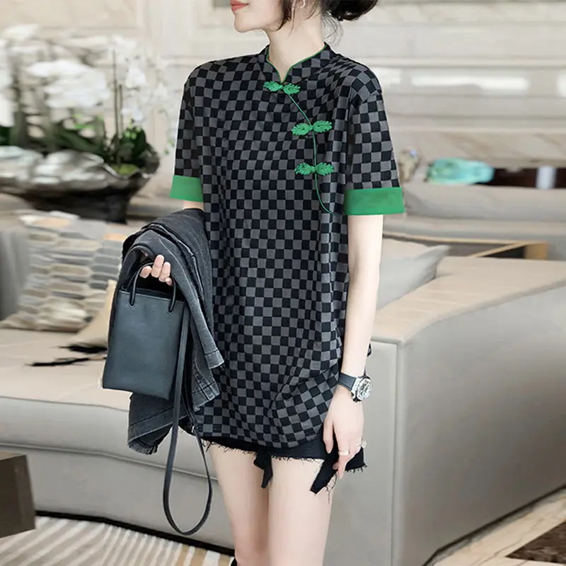 

Plaid Cotton T-shirt Plate Button Chinese Style Short Sleeve Top 2022 Summer Autumn Women New Fashion Blouse Plus Size