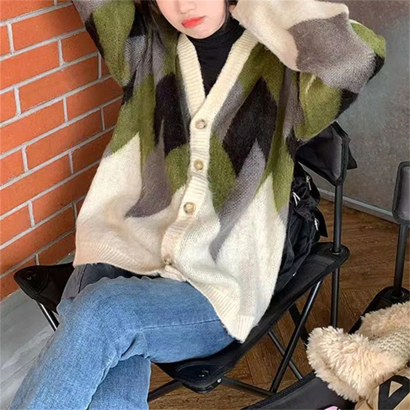 

Women's Warm Thick Knitted Cardigans Casual Loose Long Sleeve V Neck Patchwork Jumpers Sweaters Jacket Coats Y2K Oversized Tops