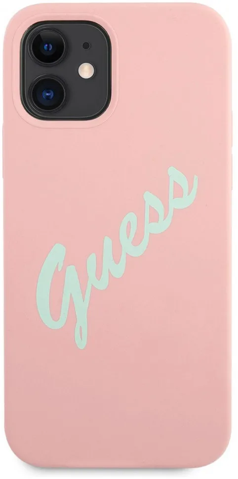 Чехол CG Mobile Guess Liquid silicone Script Laser logo для iPhone 12 mini цвет Розовый/Мятный | Мобильные