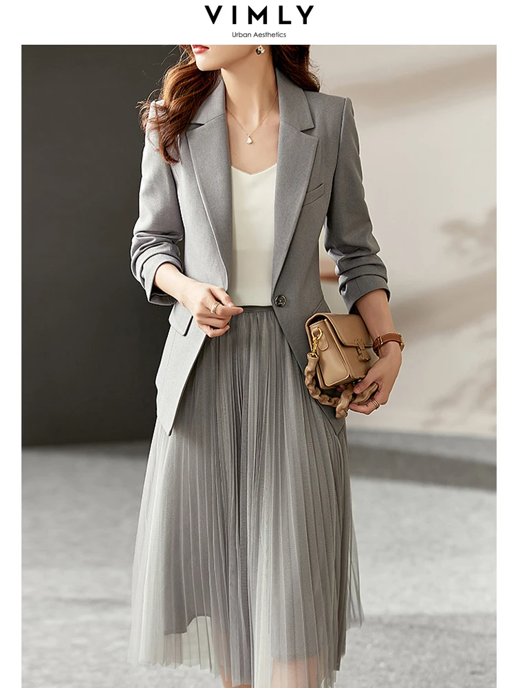 

Vimly Grey Blazer Skirt Suits Two Piece Sets for Women 2023 Korean Style Office Lady Gauze A-line Skirt 2 Piece Elegant Outfits