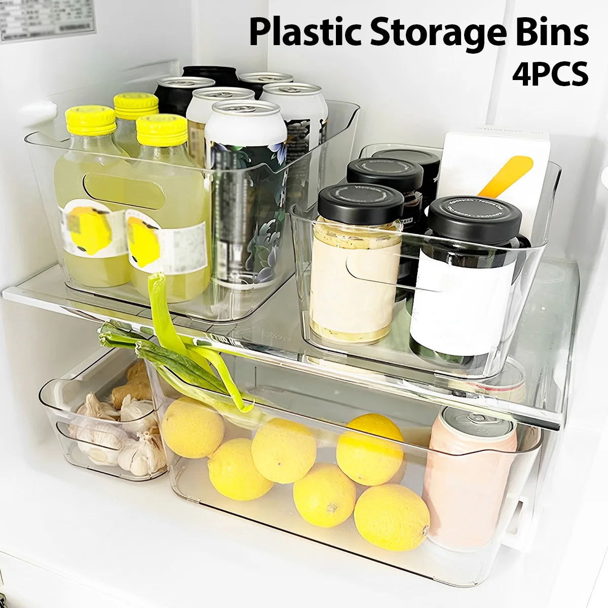 

NEW 4 Pcs Plastic Storage Bins Transparent Storage Box 4 Sizes Cabinet Organizer Box Set with Handle Fridge Organizer Plastic