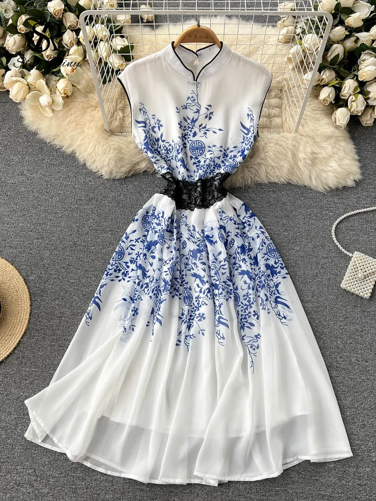 

LIRUICHENG Floral Print Cheongsam Sleeveless Dress Turtleneck Women Lace Splice Summer Fashion Zipper Ladies Long A Line