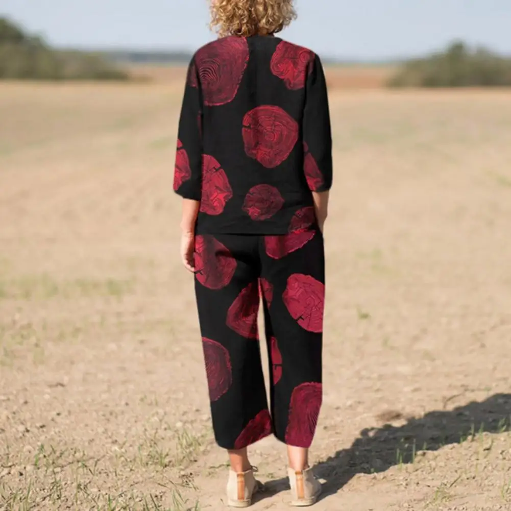 

Breathable 2 Pcs/Set Trendy Deep Crotch Print Summer Top Pants Set Quick Dry Women Pants Set Pullover Commute Clothing