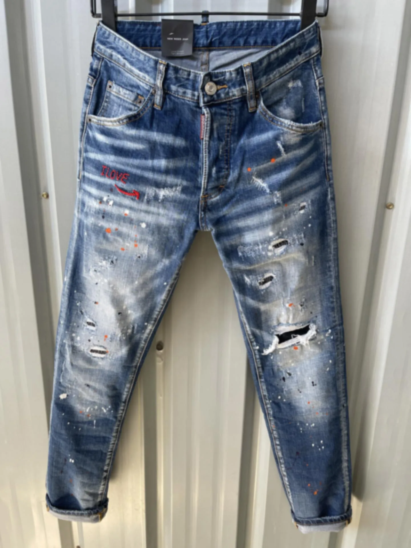 

D2 jeans for men in spring 2023, a new type of broken hole, splash-ink, high-end fashion, slim fit, small foot, elastic personal