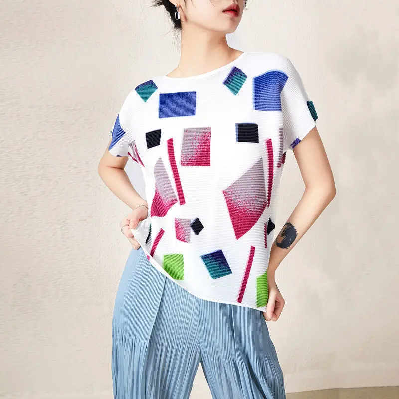 

Pleated printed T-shirt women new 2023 new slim temperament round neck short-sleeved fashion design casual t shirt female top