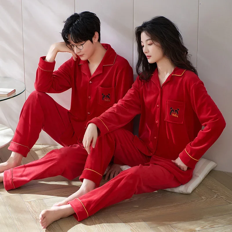 Couple Island Velvet Pajamas Autumn/Winter Men Lapel Simple Fashionable High End Casual Outer Wear Sweet Women's Homewear Suit
