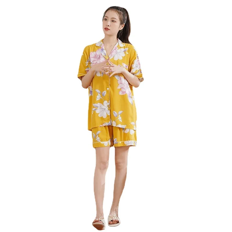 2023 New Pajamas for Women Summer Thin Short-sleeved Shorts Students Cartoon Comfortable Home Service Suit with Turn-over Collar
