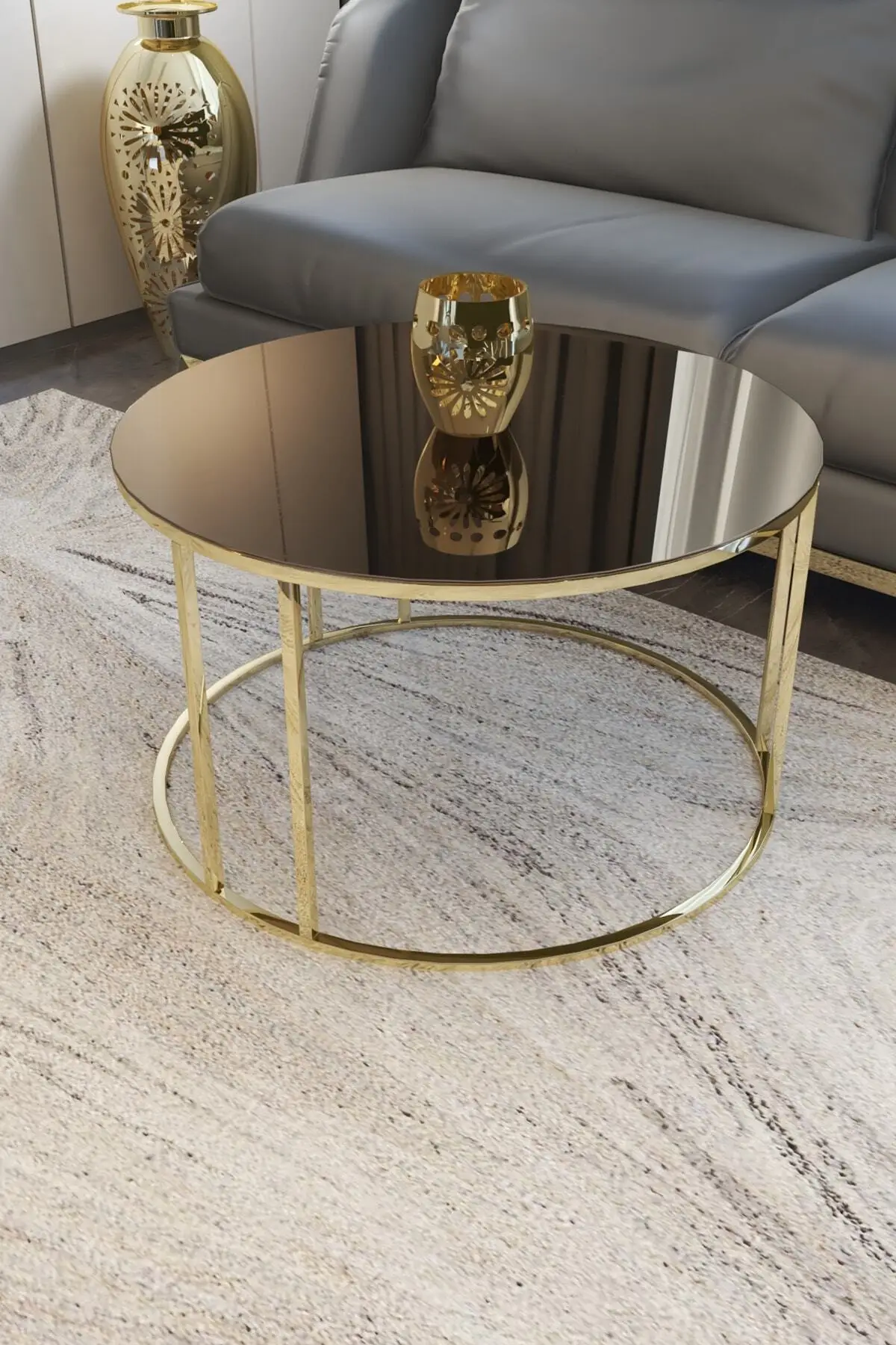 

Золотистый металлический центральный столик, Небьющийся зеркальный стеклянный одиночный скандинавский боковой столик, круглый журнальный столик для гостиной, кровати