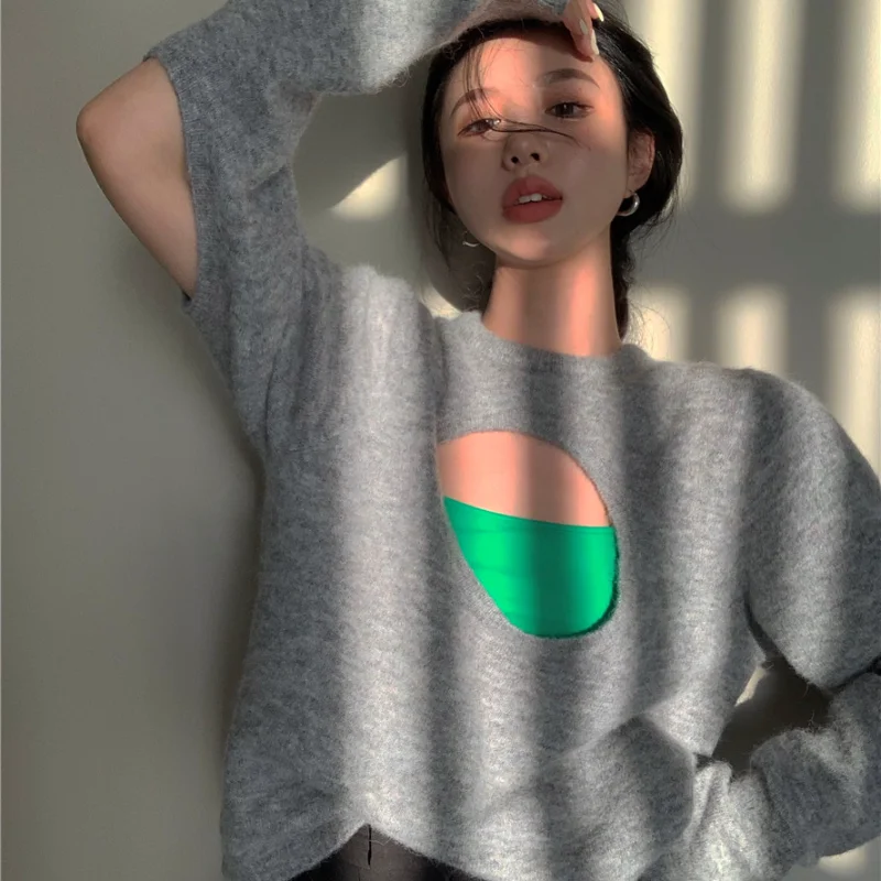 Женский пуловер Harajpoo серая трикотажная одежда с вырезами в японском стиле