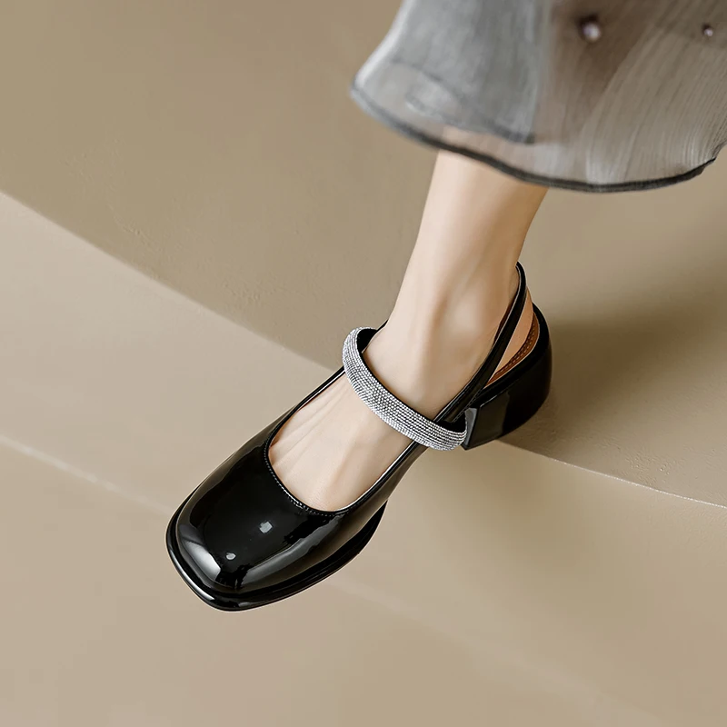 DIMANYU Women's Mary Jane Shoes Summer 2023 New Large Size 41 42 43 Square Toe Women Openwork Shoes Rhinestone Mid Heels Women