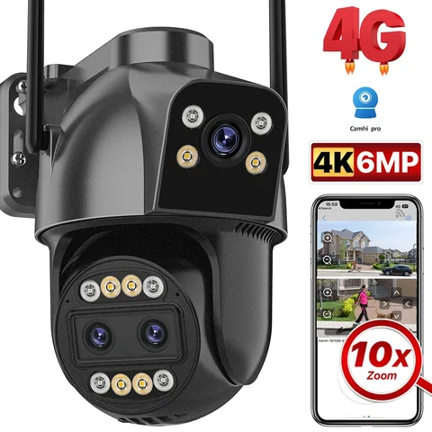4G ip-камера с sim-картой 4K HD 10X Zoom Wifi PTZ камера с тремя объективами с двойным экраном для наружного автоматического слежения CCTV P2P камера наблюдения