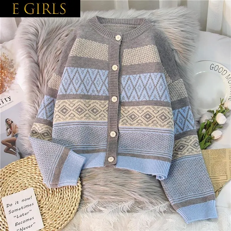 

E GIRLS Striped Panelled Cardigan Women Vintage Design Casual Retro All-match Females Aesthetic Stylish Temperament Sweaters