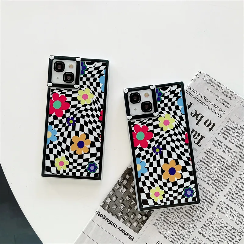 

Creative Personality Black White Checkerboard Colorful Flowers Square Anti-drop For iphone 11 12 13 Pro Max XR Xs Max Phone Case