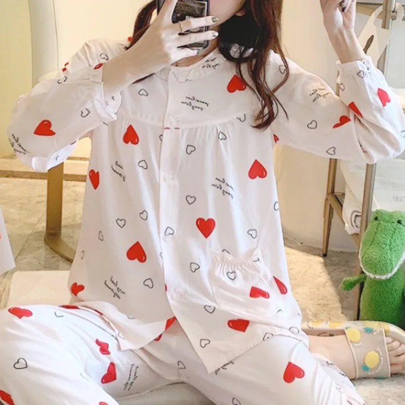 Spring Autumn Long Sleeves Ladies Nightdress Cotton Silk Trousers Women Lounge Pajamas Set