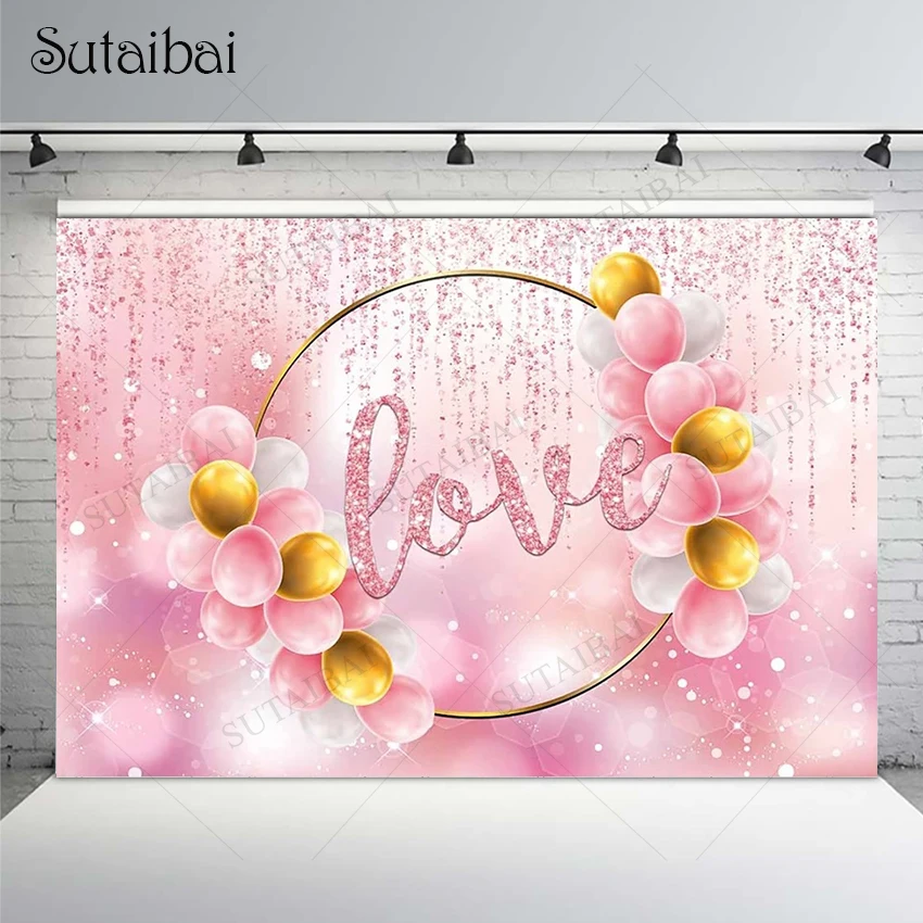 

Wedding Party Valentine Decoration Background Glitter White Dot Balloons Pink Love Marriage Backdrop Bridal Shower Booth Props