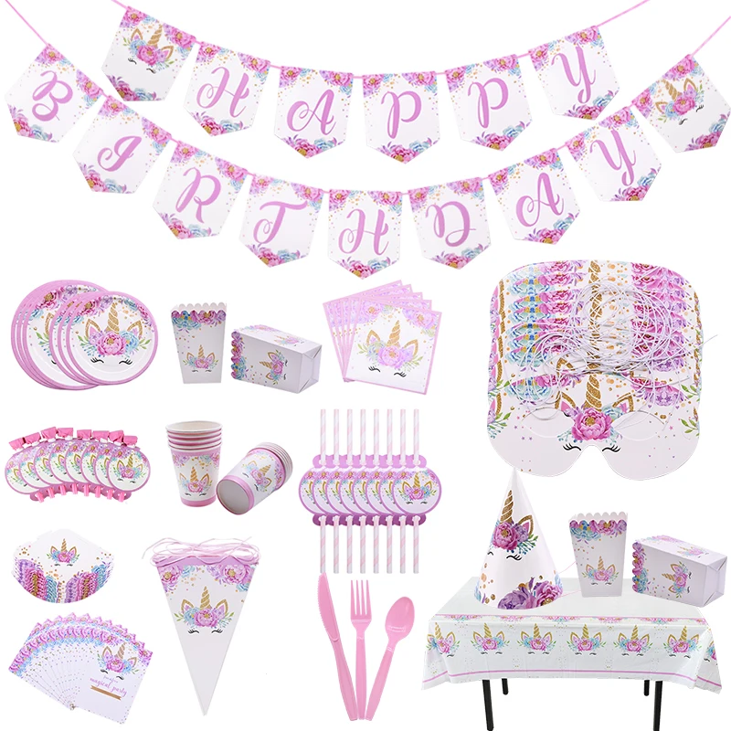 

Unicorn Party Decorations Kids Girl Birthday Disposable Tableware Set Paper Plate Cups Popcorn Box Banner Balloons Baby Shower