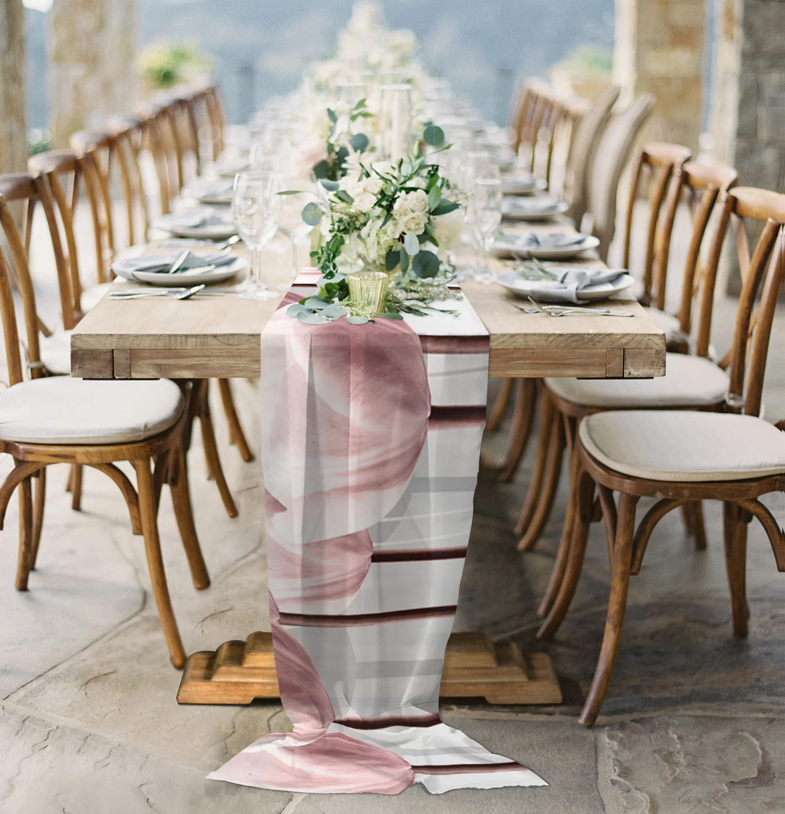 

Pink Fragrant Gray Flowers Chiffon Table Runner for Wedding Celebration Banquet Festival Party Backdrop Decor