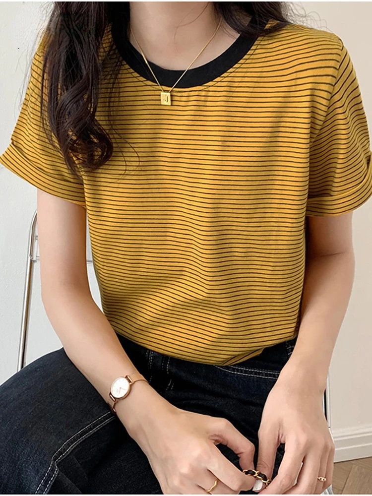 

Dinboa-2022 Spring Autumn Women Harajuku Striped Tshirt Long Sleeve O-neck T-shirts Korean Casual t Shirt Femme Black Tops