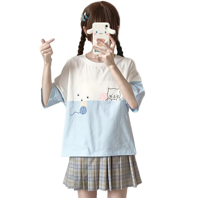 

Летняя Милая женская футболка с принтом мультяшного кота, модная цветная футболка в стиле пэчворк, футболки для девочек-подростков, милые ф...