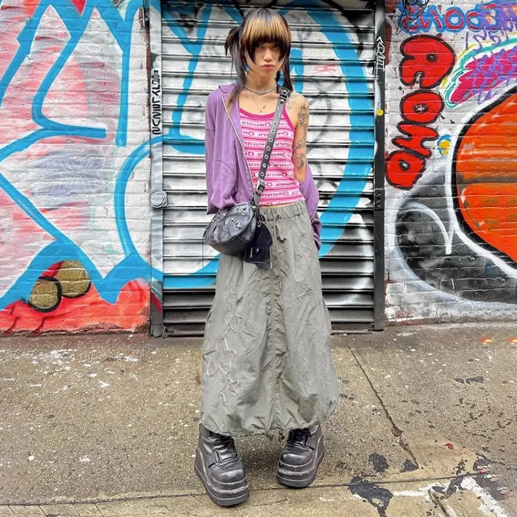 

Vintage Street Star Gray Skirt for Women Fashion New Ruched Drawstring Skirts Y2k Grunge High Waist A-line Faldas Mujer