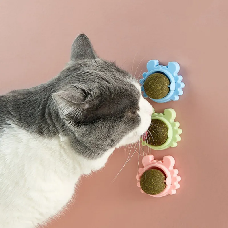 

Cat Toys Cat Treat Toys Snack Self-Adhesive 360° Rotated Catnip Ball Cats Wall Mount Molar Teething Toy For Cats Ball
