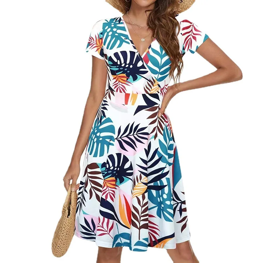 

Women Floral Knee Length Dress Casual Short Sleeve V-neck Print Large Swing Dresses Summer High Waist Loose Boho Beach Vestidos