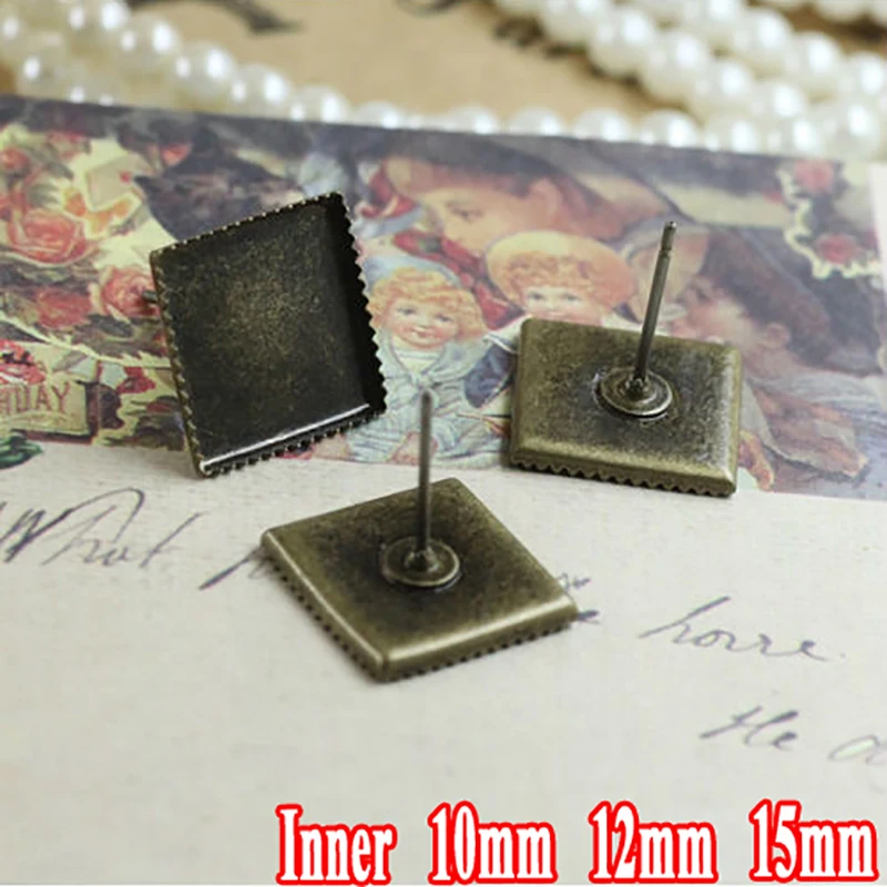 30Pcs WHOLESALE ANTIQUE BRONZE Stud Earring  With Inner 10/12/15mm Teeth Edge Square Bezel Setting Tray for Cameo Cabochons