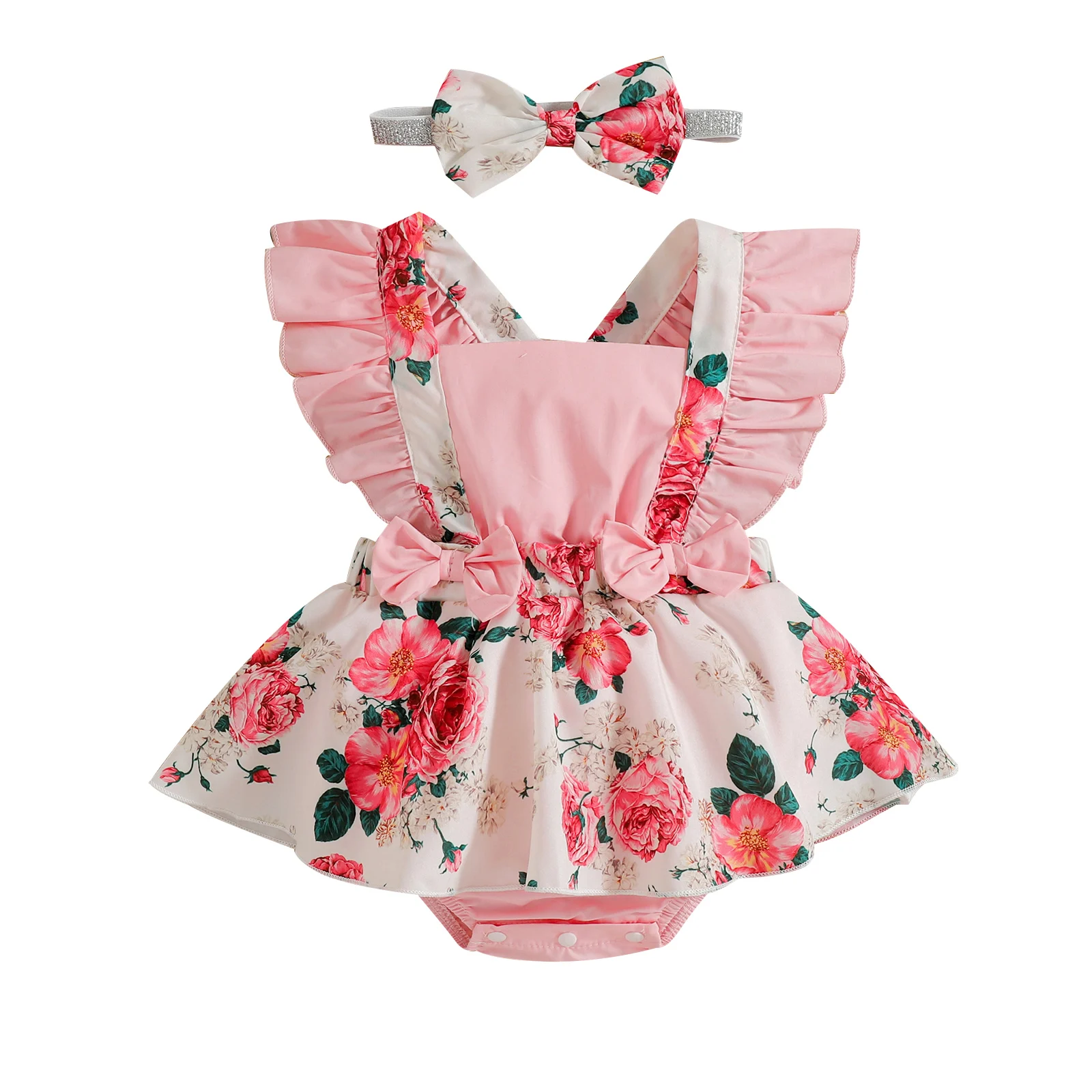 

2022-01-04 Lioraitiin 0-24M Baby Girl's Jumpsuit Pleated Flying Sleeves Square Collar Floral Print Bodysuit with Bow Hairband