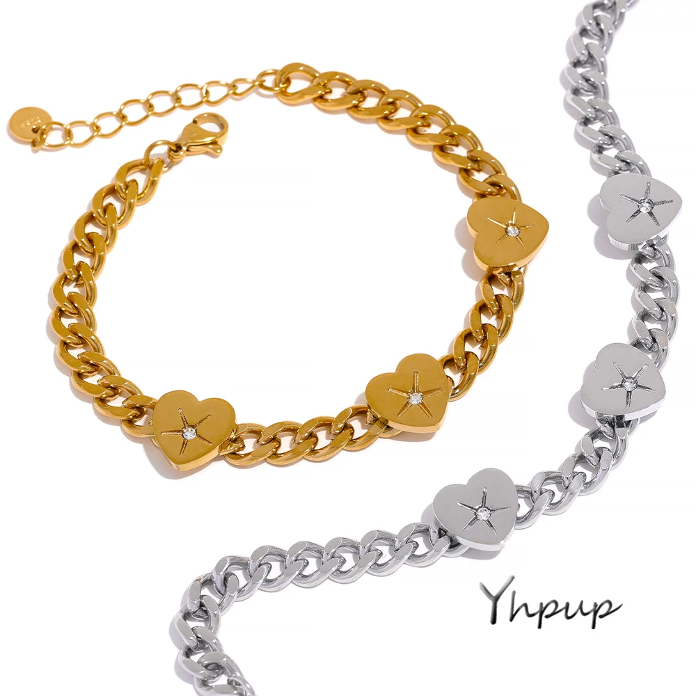 

Yhpup Statement Stainless Steel Heart Bracelets Bagnle Women Golden Jewelry Trendy Metal Texture Charm Stylish Bracelet Jewelry