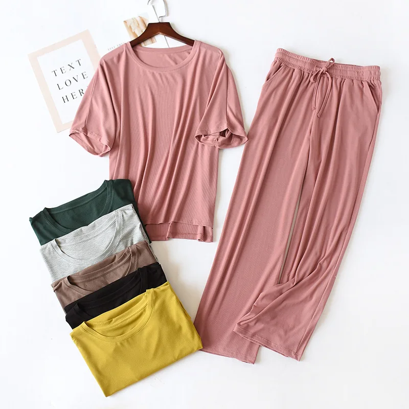 

202 Summer 95% Modal Thin Solid Pajamas Two-piece Thin Short Sleeved Long Pant Loose Ladies Pajama Women's Home Service Set