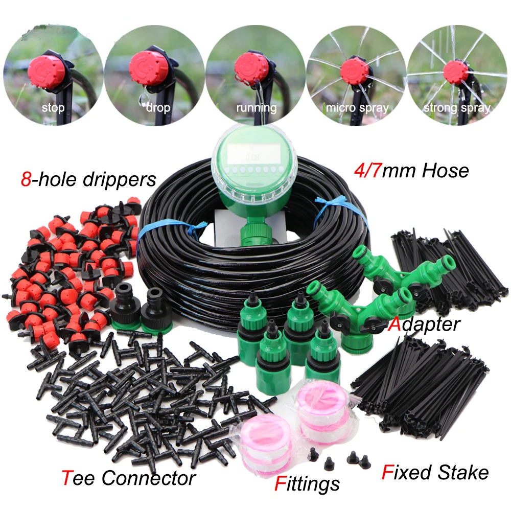 

5-50M Automatic Garden Watering Adjustable Drip Irrigation System Digital Water Timer Controller 4/7mm Micro Drop Kits