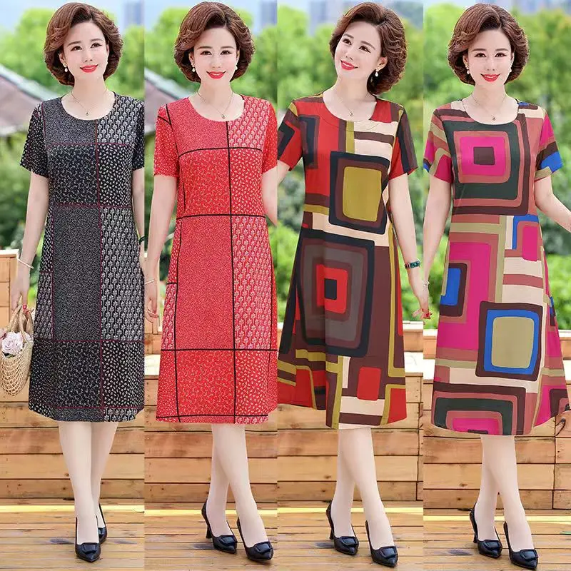 

Fdfklak Elegant Women Dress Summer Vintage Print Crew Neck Half Sleeve A-Line Dress 2022 Fashion Female Loose Dresses Vestidos