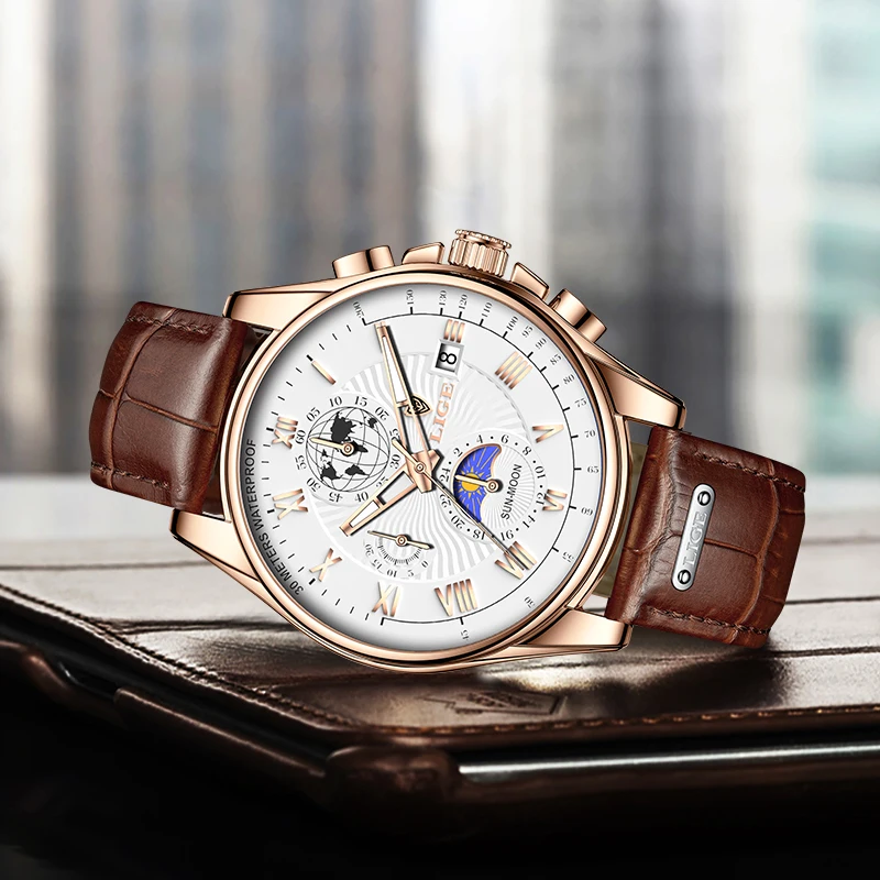 Часы наручные LIGE Мужские кварцевые мужские светящиеся в деловом стиле с