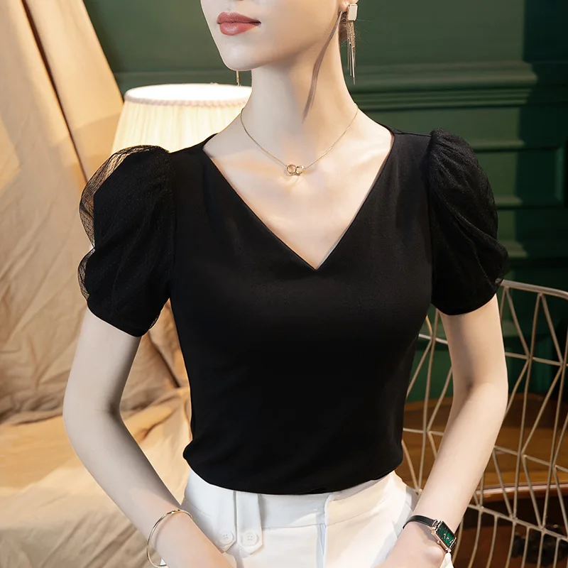 

High Quality 2023 Women Tops Gauze Splice Design Spring Summer T-shirt Female Clothing Sexy Crop Top Clothes Casual Blouse Y2k