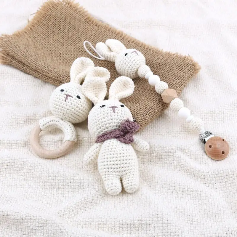 

Crochet Rabbit Pacifier Clip Baby Teether Rattle Handbell Unisex Boys Girls Gift Dropship