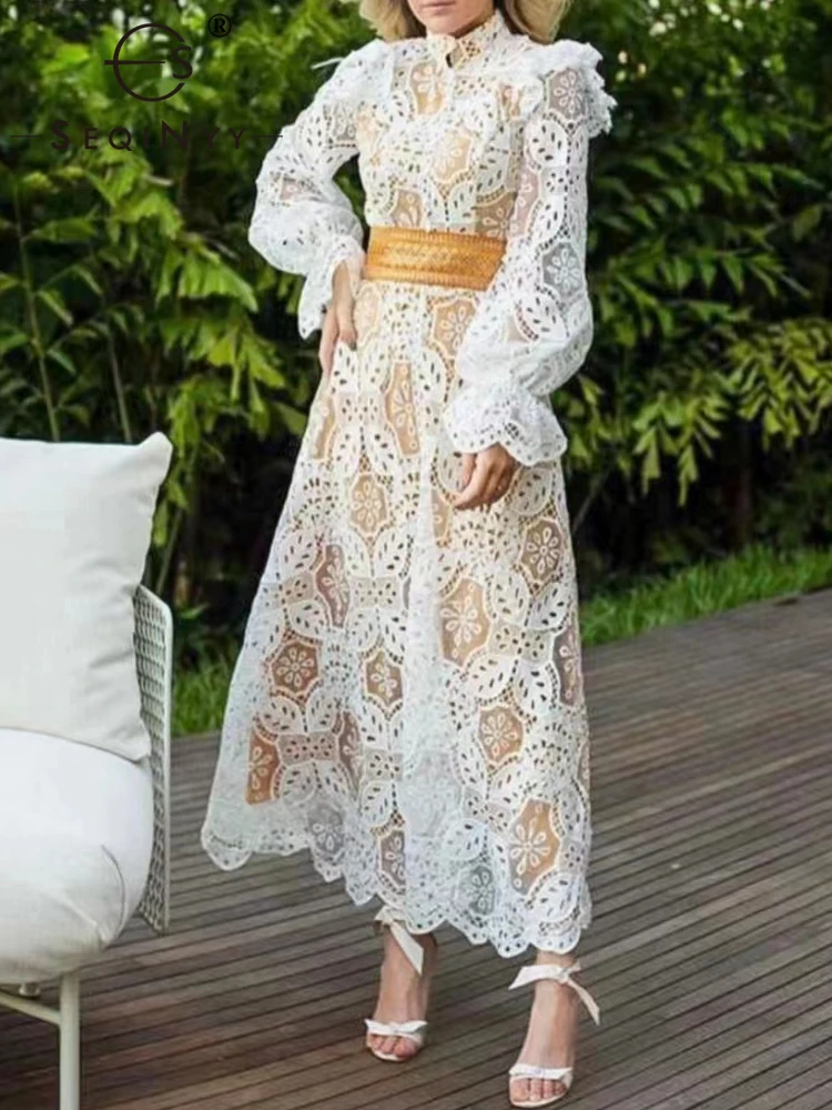 

Женское Повседневное платье SEQINYY, элегантное модельное платье с цветочным кружевом и оборками, праздничный пояс для весны и осени