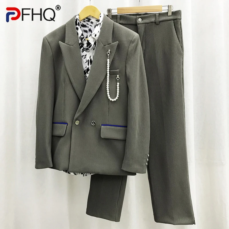 

PFHQ Autumn Men's New High-end Design Pearl Chain Decorated Blazers Set Fashion Trend Handsome Business Versatile Suit 21Z1160