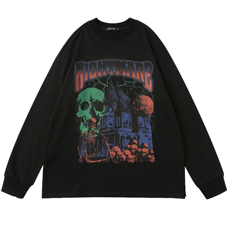 

Hip Hop Sweatshirt Streetwear Mens Skull Skeleton Print Punk Gothic Crewneck Pullover 2022 Harajuku Fashion Cotton Loose Hoodie