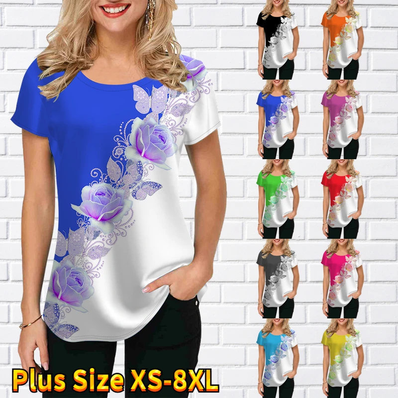 

2022 Summer New Women's Casual Fashion Floral Print T-Shirt Large Size Loose Tops Elegant Round Neck Short Sleeve Pullover