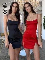 yikuo elegant satin mini dress sexy spaghetti straps slim party dress beach outtfits for women 2022 summer sleeve split dresses