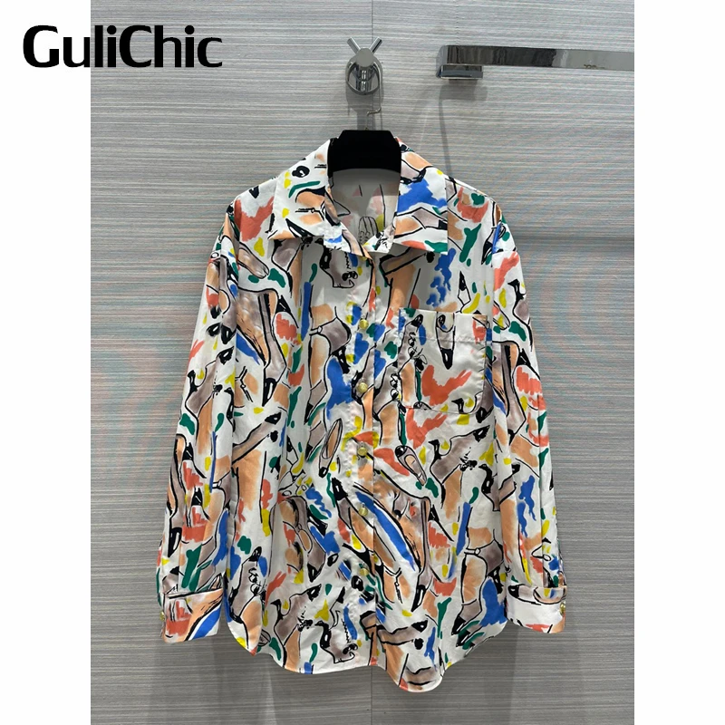 

6.9 GuliChic Women Temperament Graffiti Print Pattern Single Breasted Long Sleeve Loose Sun Protection Shirt