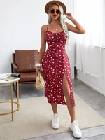 elegant strap dress women green summer floral sleeveless sexy backless midi dresses red lace up slit beach casual sundress 2022