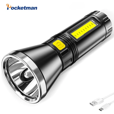 Мощный светодиодный фонарик, USB Перезаряжаемый COB фонарик 500 м, фонарь большой дальности, фонарь онарик, встроенный аккумулятор