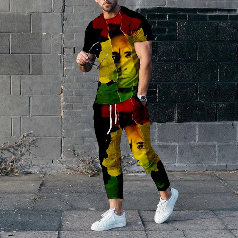 Spring And Summer Sportswear Men Set Bob Marley Series Short Sleeved T-shirt+Long Pants Suit Fashion Trend Jogging Clothing