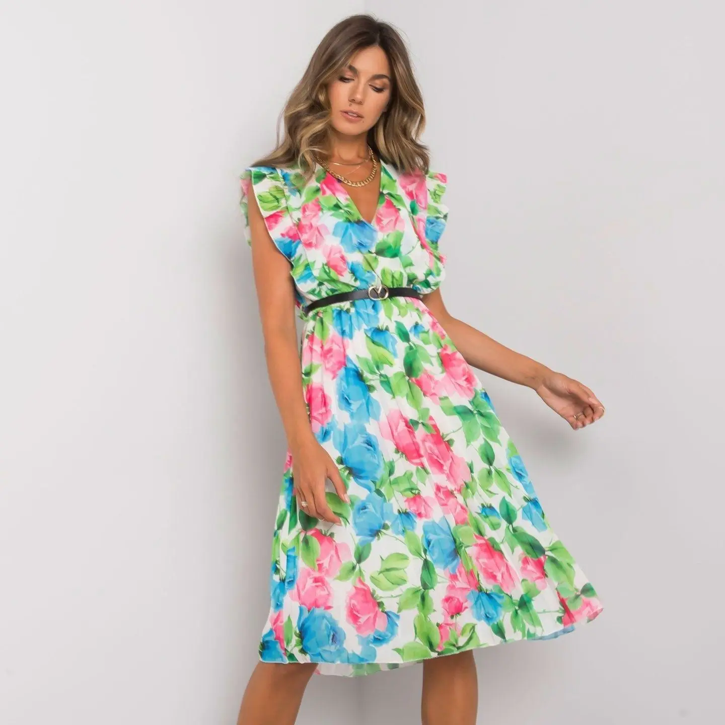 

Romantic Floral Print Dress Summer Vacation Fashion V Neck Flying Sleeve Beach Long Sundress Korean Party Vestidos